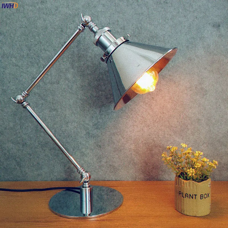 Industrial chrome led table lamp bedroom adjustable desk light