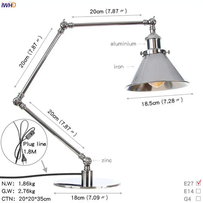 Industrial chrome led table lamp bedroom adjustable desk light