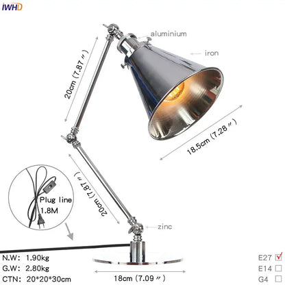 Industrial chrome led table lamp bedroom adjustable desk light