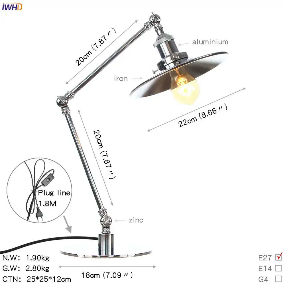 Industrial chrome led table lamp bedroom adjustable desk light