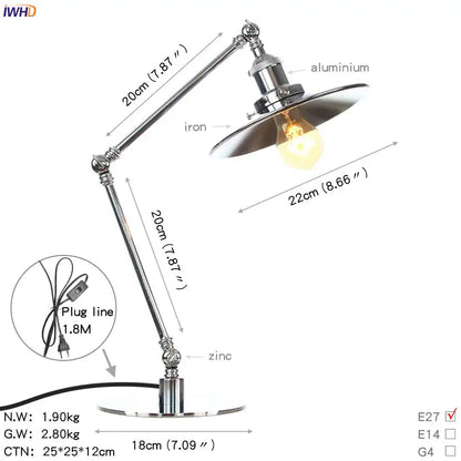Industrial chrome led table lamp bedroom adjustable desk light