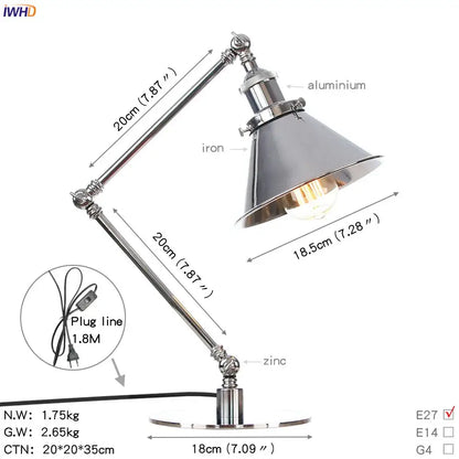 Industrial chrome led table lamp bedroom adjustable desk light