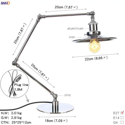 Industrial chrome led table lamp bedroom adjustable desk light