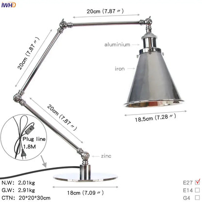 Industrial chrome led table lamp bedroom adjustable desk light