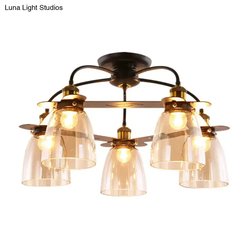 DecorBites™ Industrial Cognac Glass Bell Semi Flush Ceiling Lamp (3/5/6 Heads) in Aged Brass - Perfect for Living Room