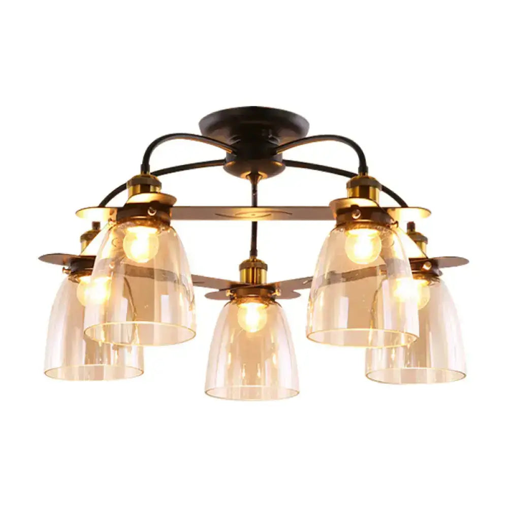 DecorBites™ Industrial Cognac Glass Bell Semi Flush Ceiling Lamp (3/5/6 Heads) in Aged Brass - Perfect for Living Room