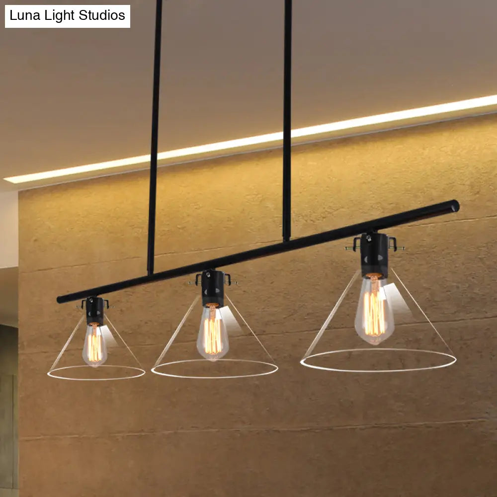 DecorBites™ Industrial Cone Clear Glass Island Lamp in Black for Dining Table - 2/3 Lights Hanging Lighting