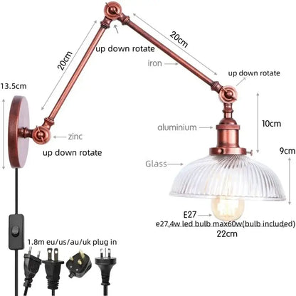 Industrial copper adjustable glass swing arm wall sconce bedroom light