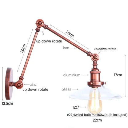 Industrial copper adjustable glass swing arm wall sconce bedroom light