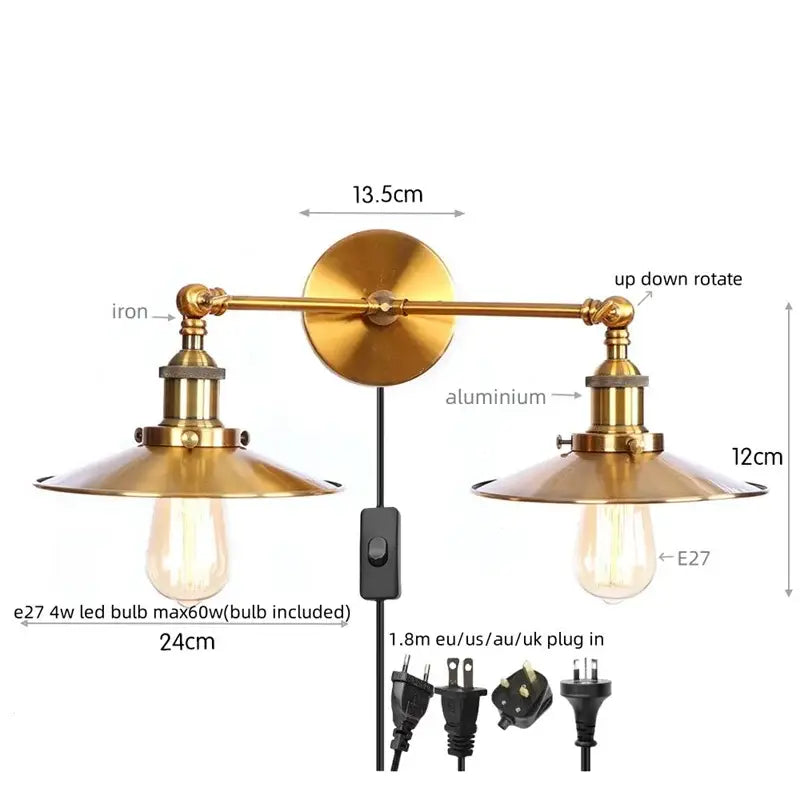 Industrial copper dual head pink led wall light for bedroom