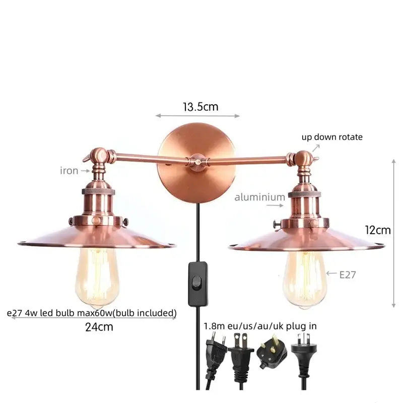 Industrial copper dual head pink led wall light for bedroom