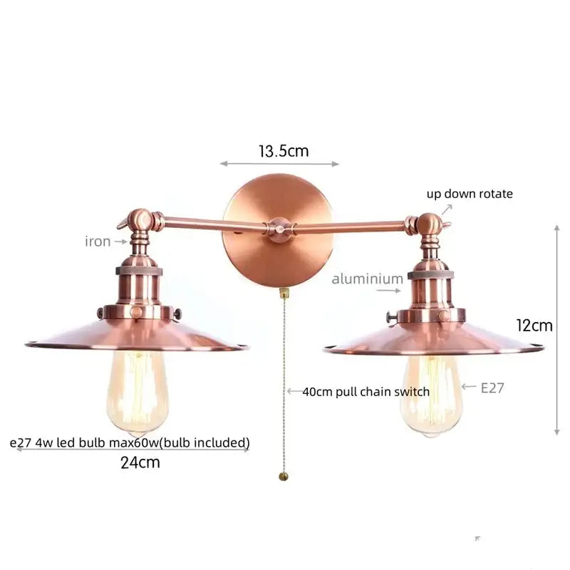 Industrial copper dual head pink led wall light for bedroom