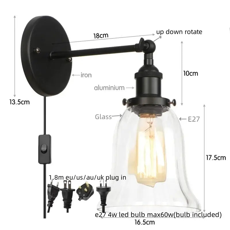 Industrial copper wall light with clear glass shade bedroom sconce