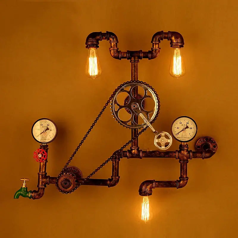 Industrial dark brass pipe wall lights living room gear sconce