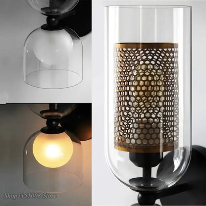 Industrial double head iron net wall lamp bedroom glass sconce