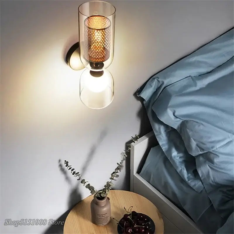 Industrial double head iron net wall lamp bedroom glass sconce