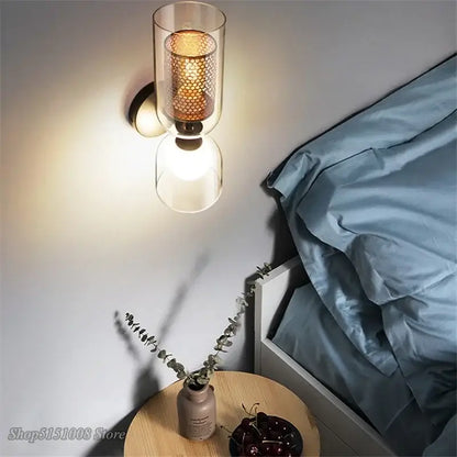 Industrial double head iron net wall lamp bedroom glass sconce