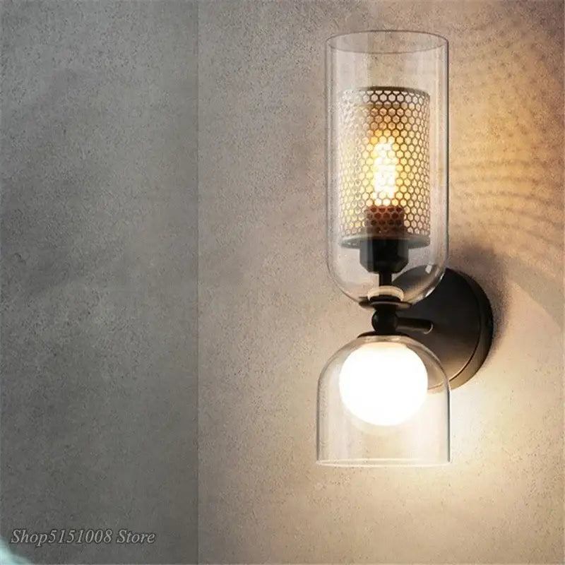 Industrial double head iron net wall lamp bedroom glass sconce