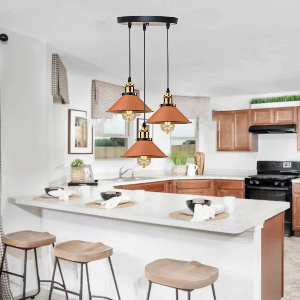 Industrial farmhouse brown pendant light kitchen island brass accents
