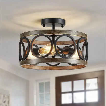 Industrial farmhouse chandelier wood & black metal dining room light