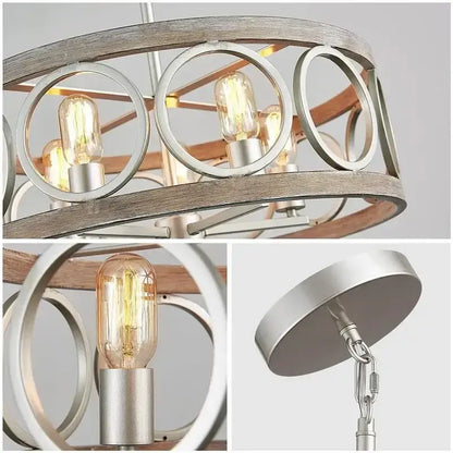 Industrial farmhouse circular chandelier wood grain dining room light