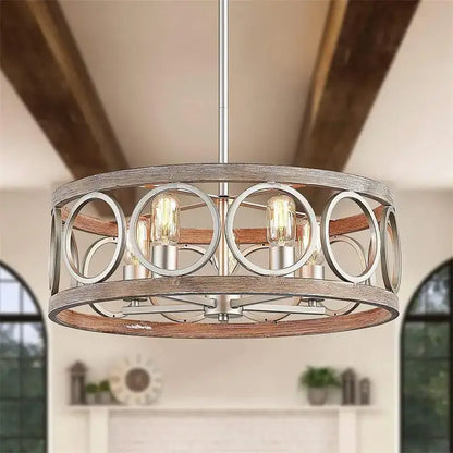 Industrial farmhouse circular chandelier wood grain dining room light