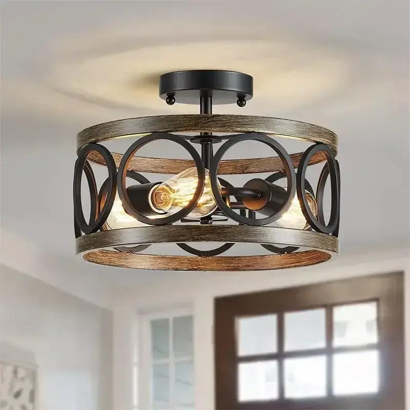 Industrial farmhouse circular chandelier wood grain dining room light