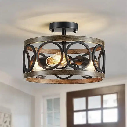 Industrial farmhouse circular chandelier wood grain dining room light