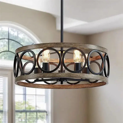 Industrial farmhouse circular chandelier wood grain dining room light