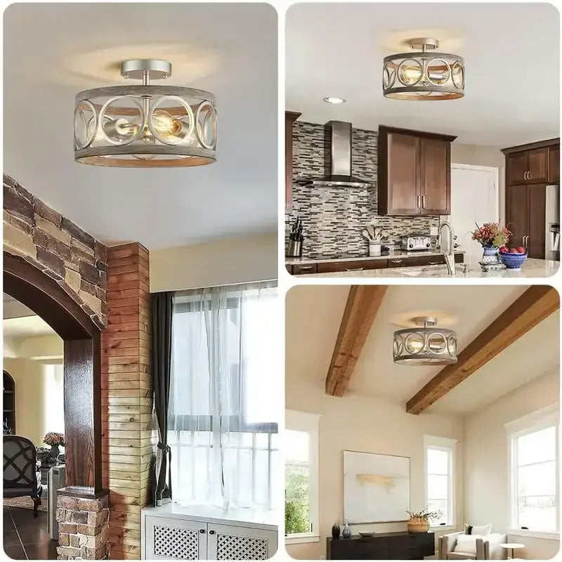 Industrial farmhouse circular chandelier wood grain dining room light