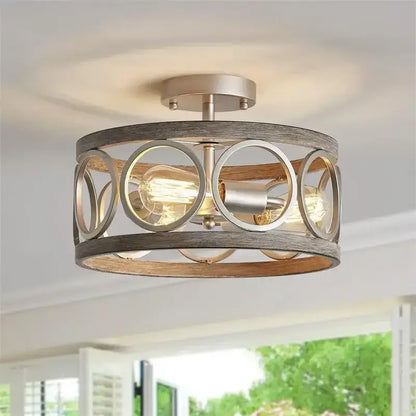 Industrial farmhouse circular chandelier wood grain dining room light