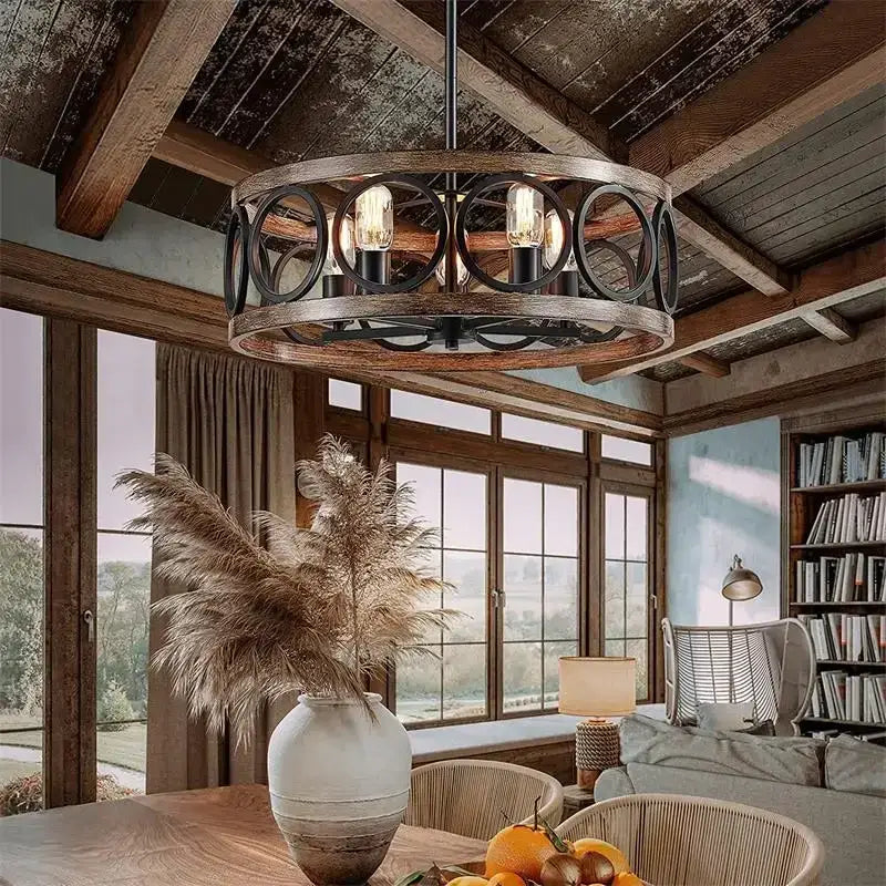Industrial farmhouse circular chandelier wood grain dining room light
