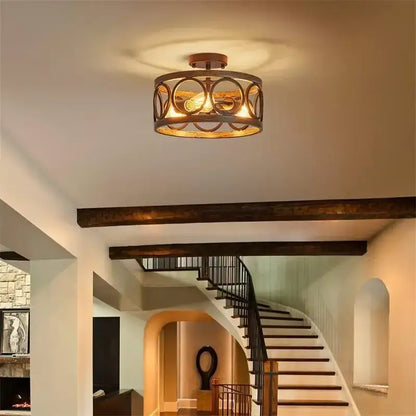 Industrial farmhouse circular chandelier wood grain dining room light