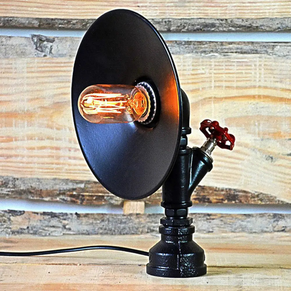 DecorBites™ Industrial Flared Shade Night Lamp with Decorative Red Valve - Black Iron Table Light