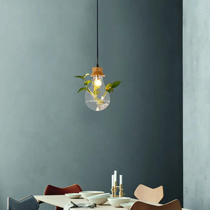 Industrial glass and wood pendant light kit with exposed bulb dining room