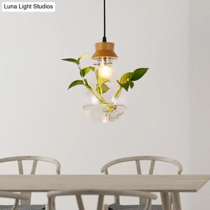 Industrial glass and wood pendant light kit with exposed bulb dining room
