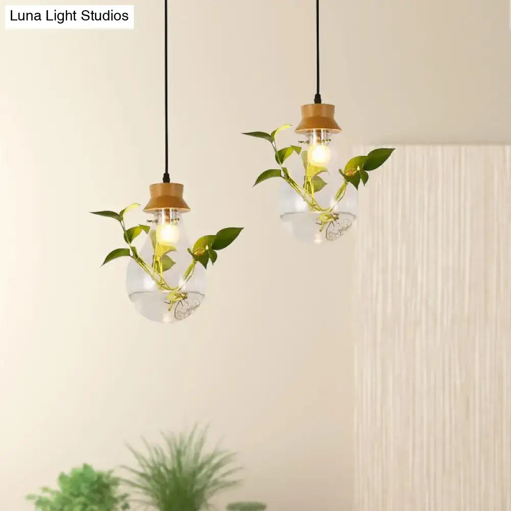 Industrial glass and wood pendant light kit with exposed bulb dining room
