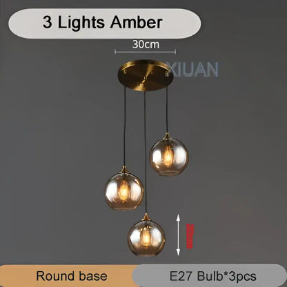 Industrial glass pendant light 3 spheres brass kitchen dining room