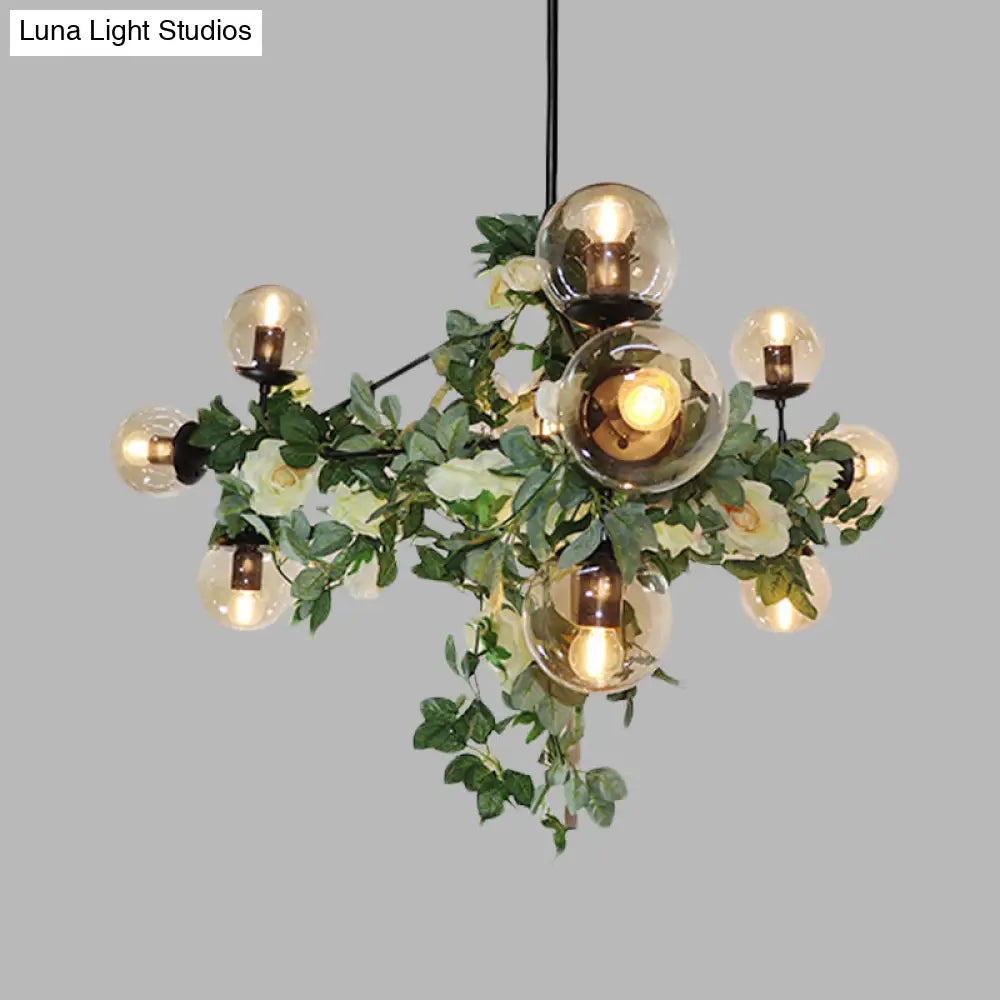 DecorBites™ Industrial Globe Smoke Gray Glass Hanging Light with Geometric Cage, 10/14-Bulb Island Pendant in Black