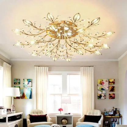 Industrial gold crystal leaf led ceiling light living room