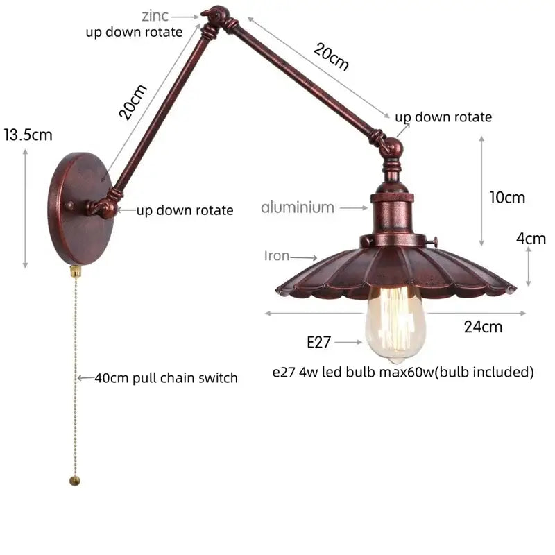 Industrial gold fluted wall lamp with pull chain switch bedroom sconce