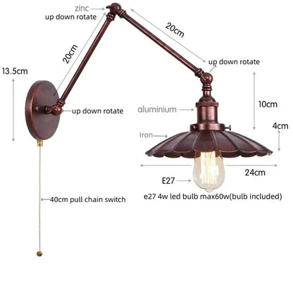 Industrial gold fluted wall lamp with pull chain switch bedroom sconce