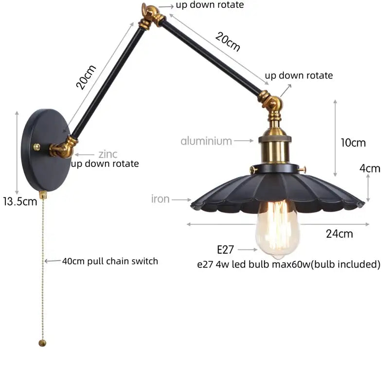 Industrial gold fluted wall lamp with pull chain switch bedroom sconce