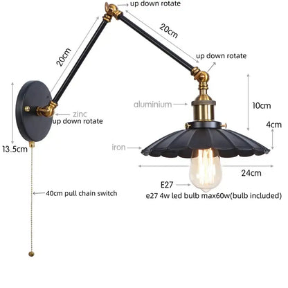Industrial gold fluted wall lamp with pull chain switch bedroom sconce