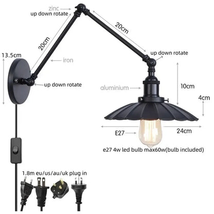 Industrial gold fluted wall lamp with pull chain switch bedroom sconce
