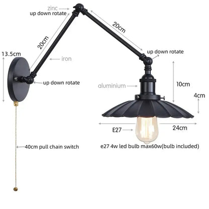 Industrial gold fluted wall lamp with pull chain switch bedroom sconce
