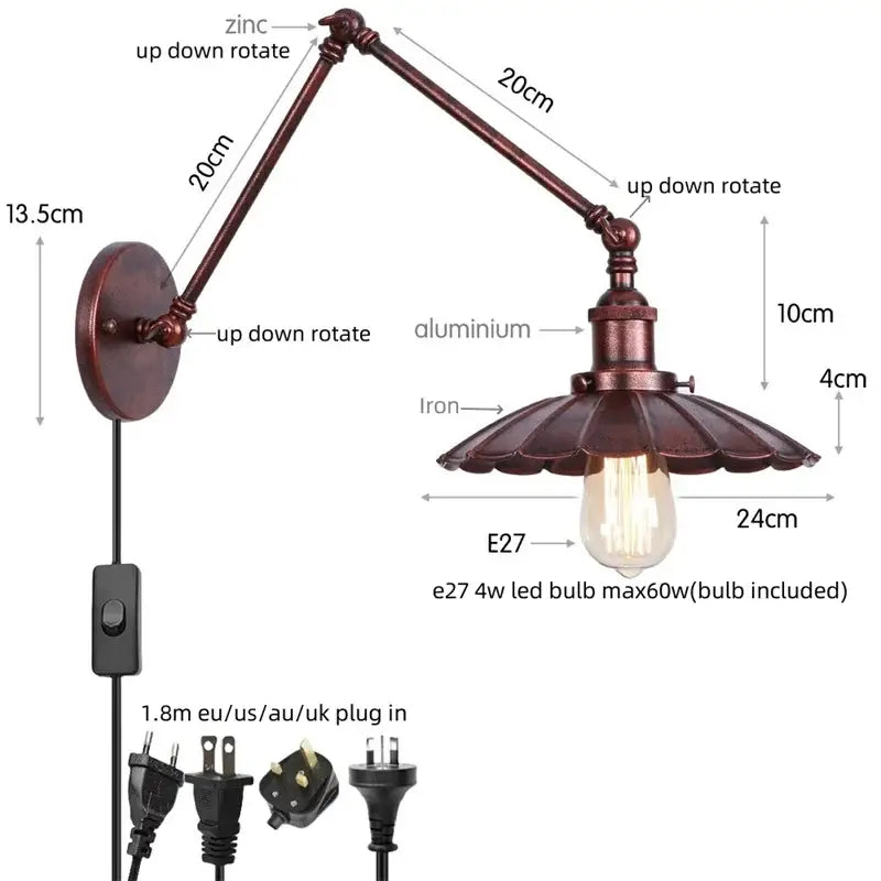 Industrial gold fluted wall lamp with pull chain switch bedroom sconce