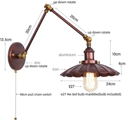 Industrial gold fluted wall lamp with pull chain switch bedroom sconce