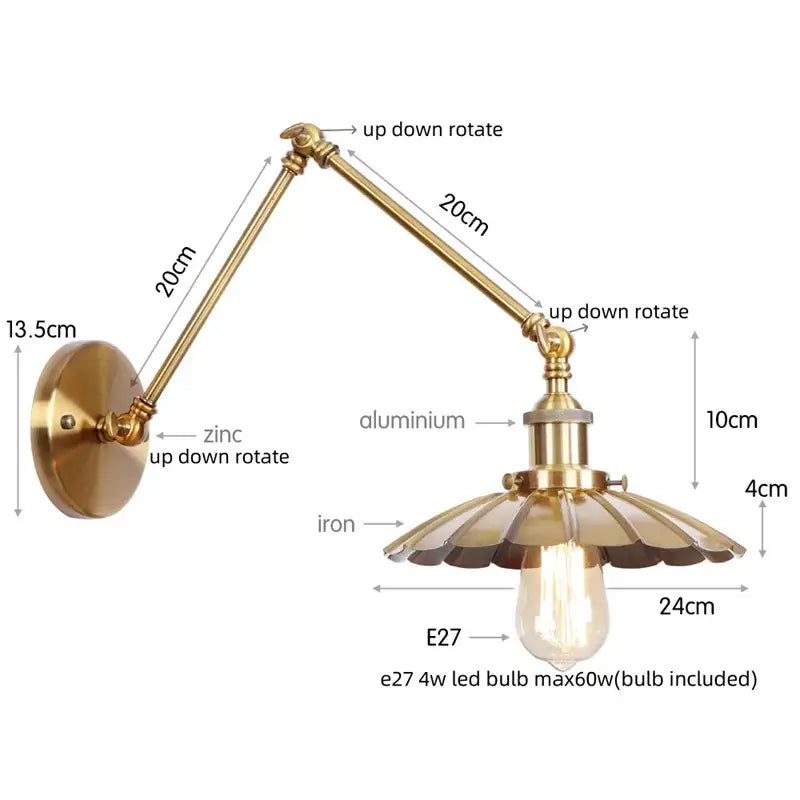 Industrial gold fluted wall lamp with pull chain switch bedroom sconce