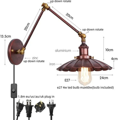 Industrial gold fluted wall lamp with pull chain switch bedroom sconce